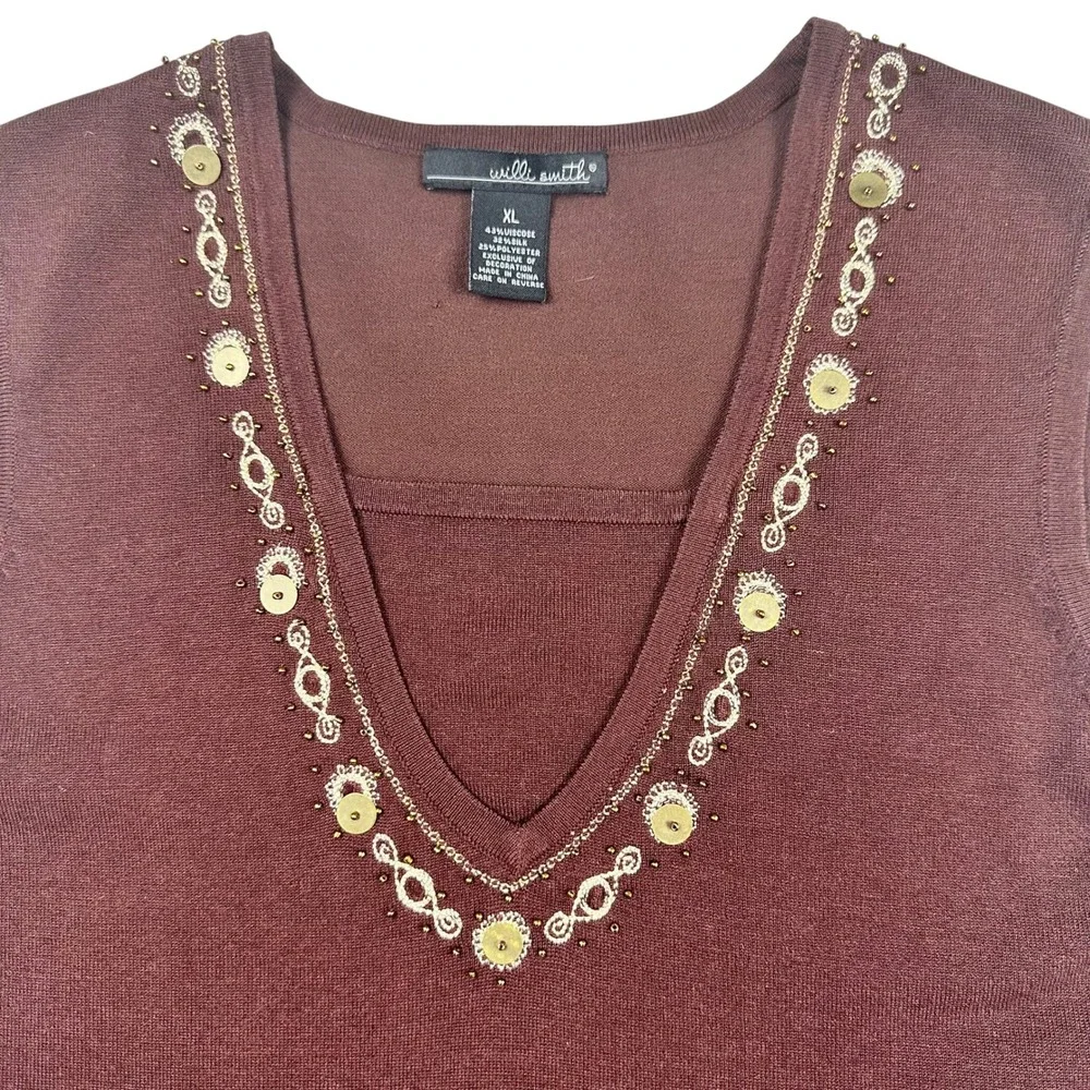 Willi Smith Brown Silk blend‎ Sleeveless Sweater Top XL Embellished V Neck Tank - Picture 3 of 11